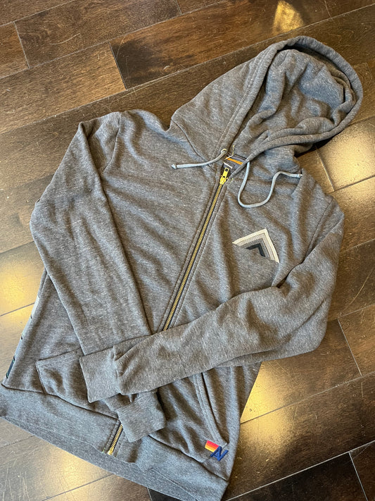 AVIATOR NATION charcoal grey hoodie with stripes on sleeves