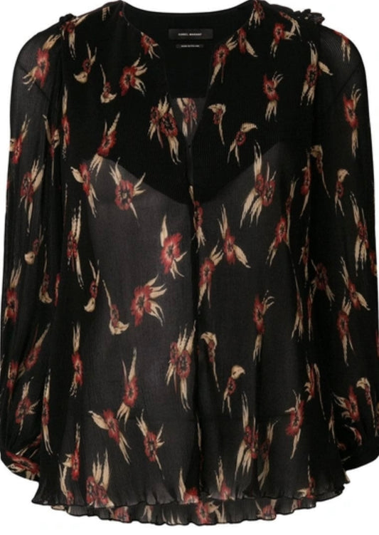 ISABEL MARANT BLACK FLORAL PLEATED LONGSLEEVE BLOUSE