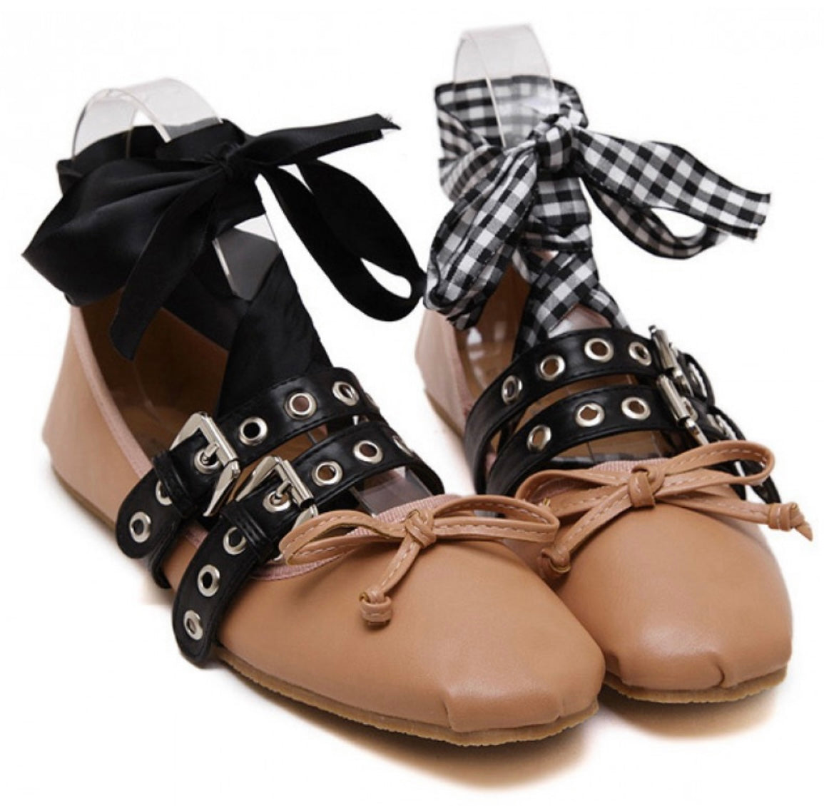 Miu Miu Nude Ballet Flats with black/white check ribbon