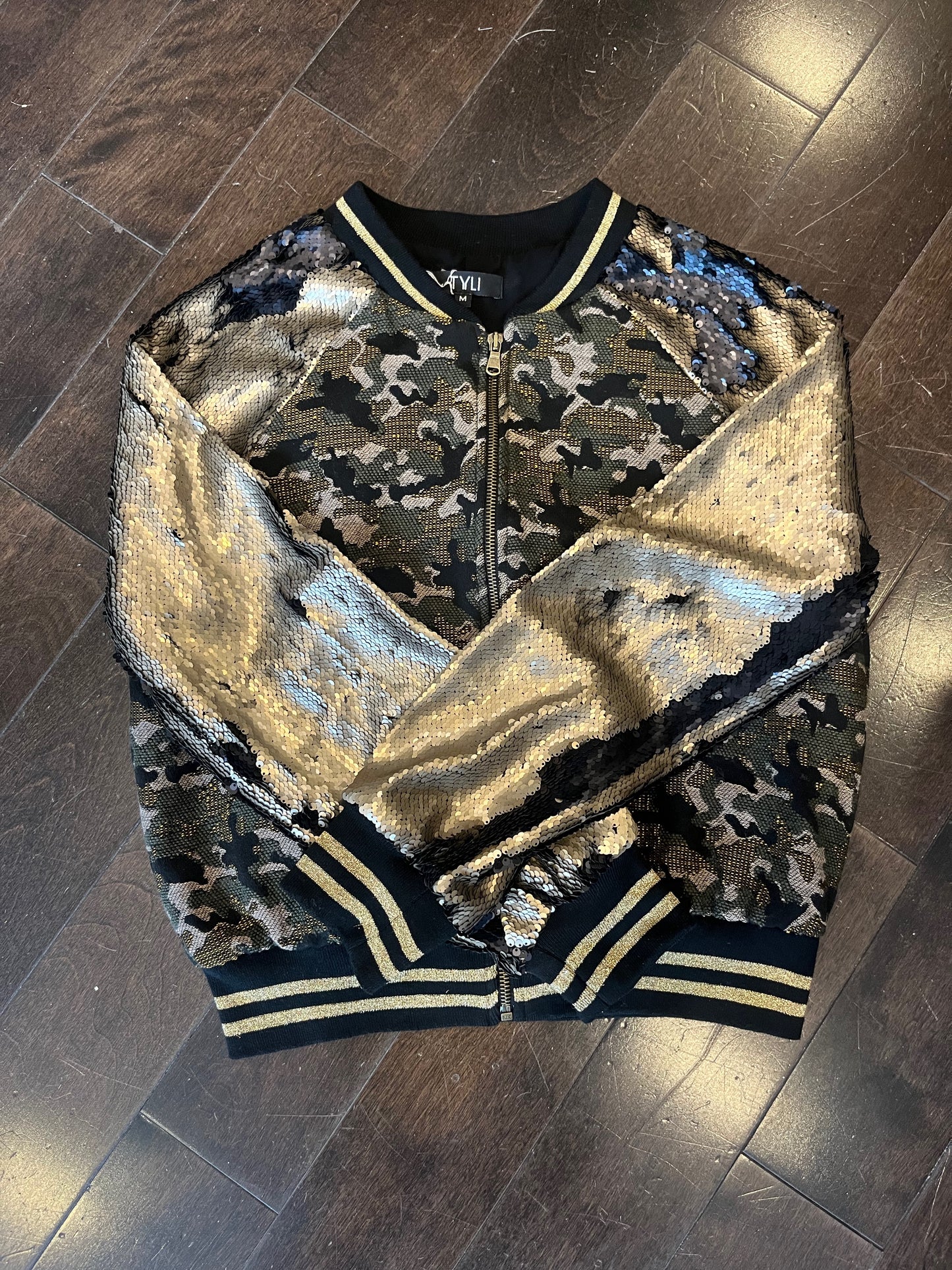 TYLI camo bomber with sequin sleeves