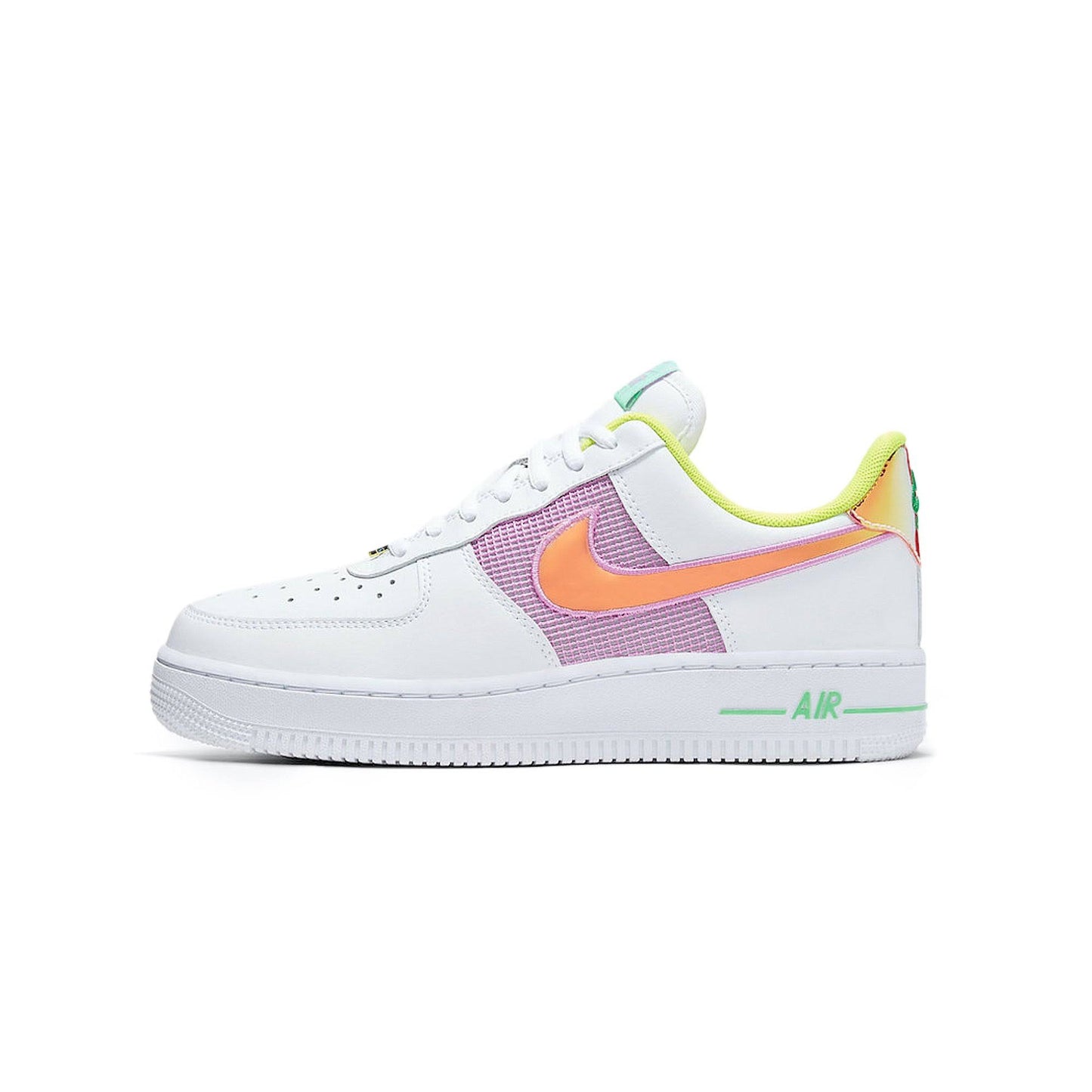 NIKE white sneakers with neon green/yellow and pink mettalic swosh