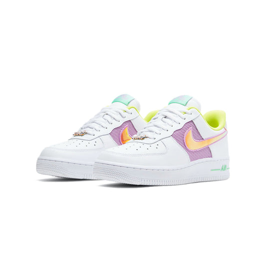NIKE white sneakers with neon green/yellow and pink mettalic swosh