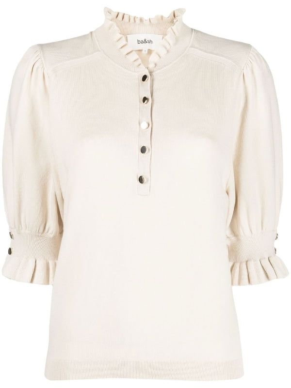 BA&SH tan sweater with ruffled collar and gold buttons
