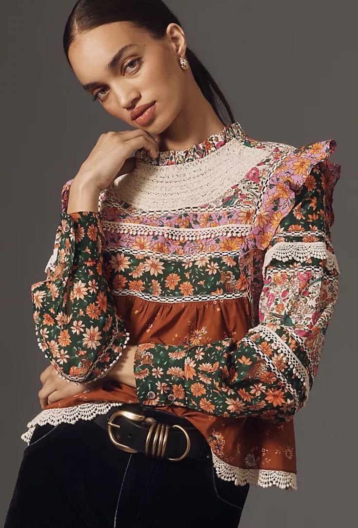 Farm Rio - Lace-Bib Ruffle Blouse NWT