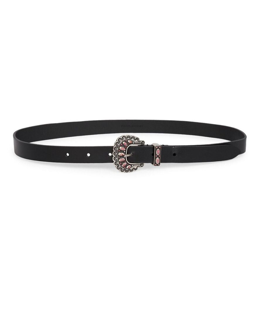 Isabel Marant black leather belt with silver buckle and pink enamel, with bag