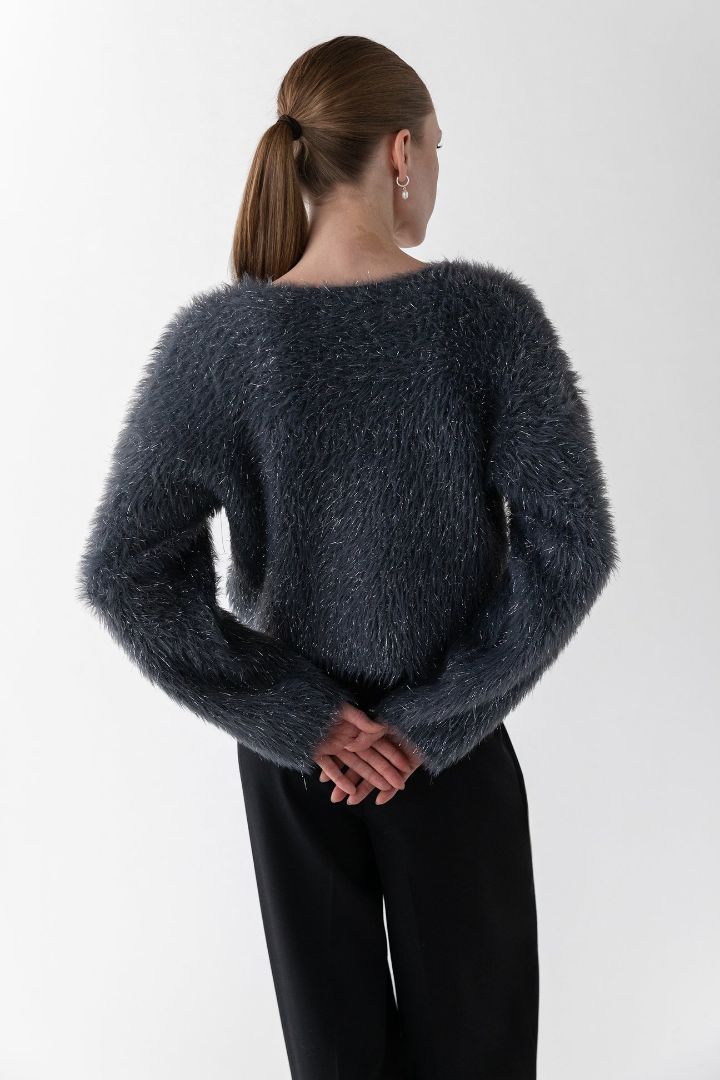 Oak + Fort grey fuzzy sweater with silver tinsel