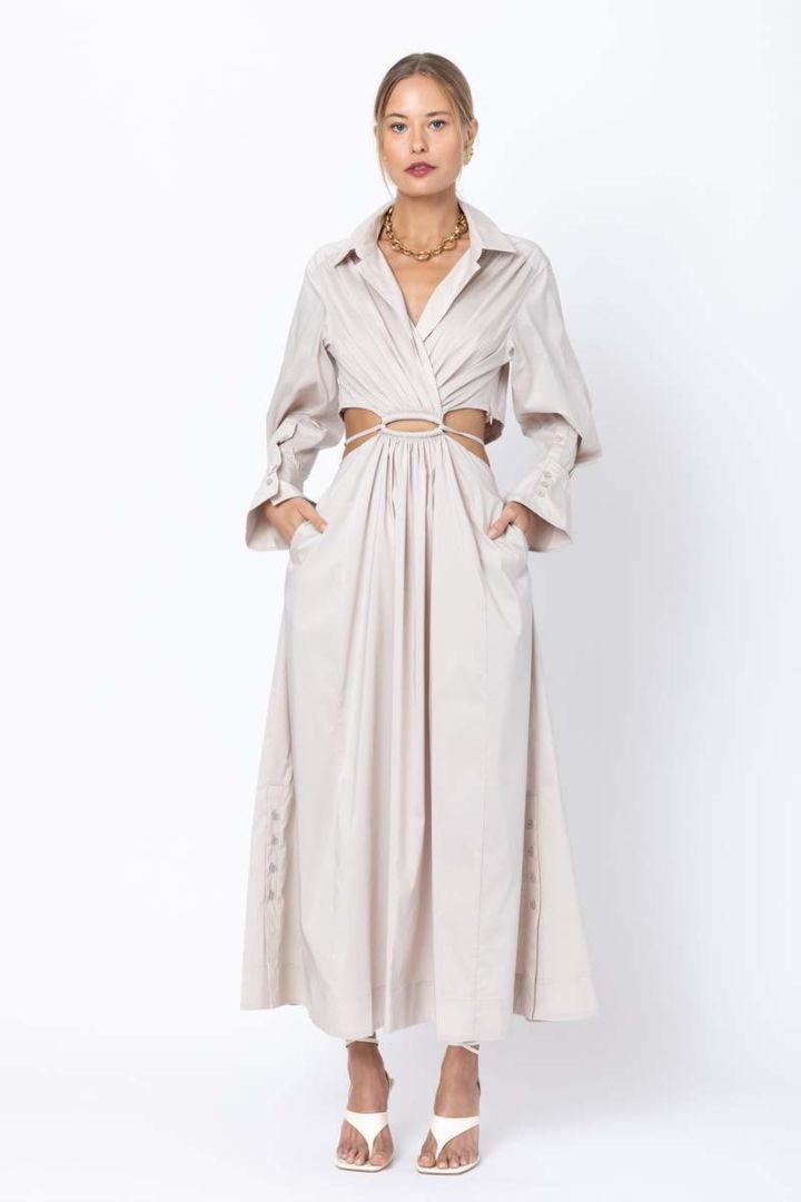 JONATHAN SIMKHAI collared long sleeve beige long dress with waist cutout