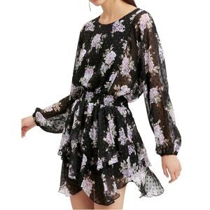 LOVE SHACK FANCY black crew neck floral long sleeve cinched dress