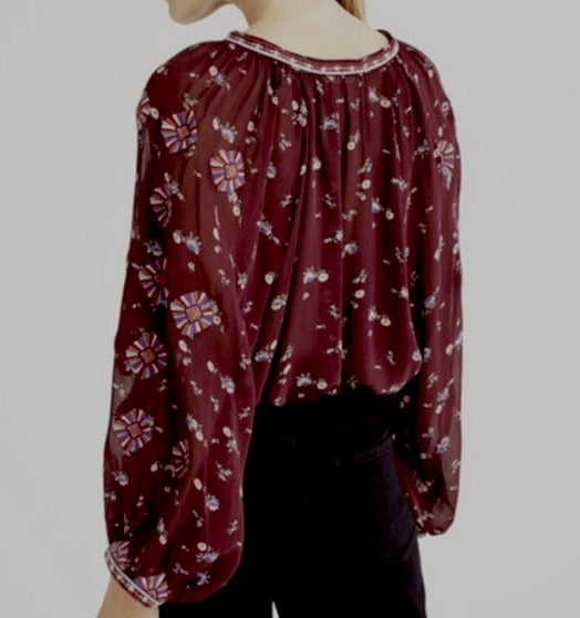 ULLA JOHNSON purple floral silk sheer 3/4 sleeve v neck top