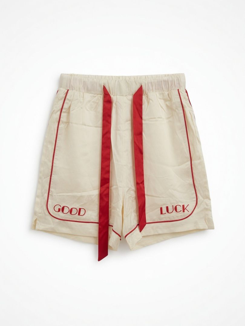 MR.SATURDAY good luck cream and red silk twill shorts with "good luck" embroidery