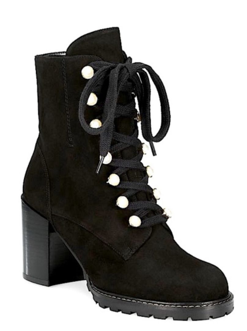 Stuart Weitzman-  Ivey Lace Up Booties w/Pearls