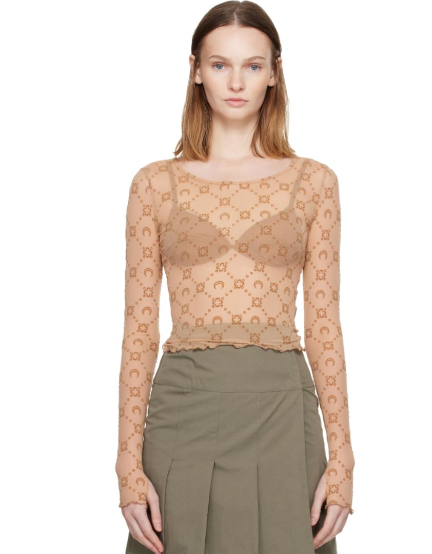 Marine Serre Tan Moonogram Mesh Flock LS Cropped Top