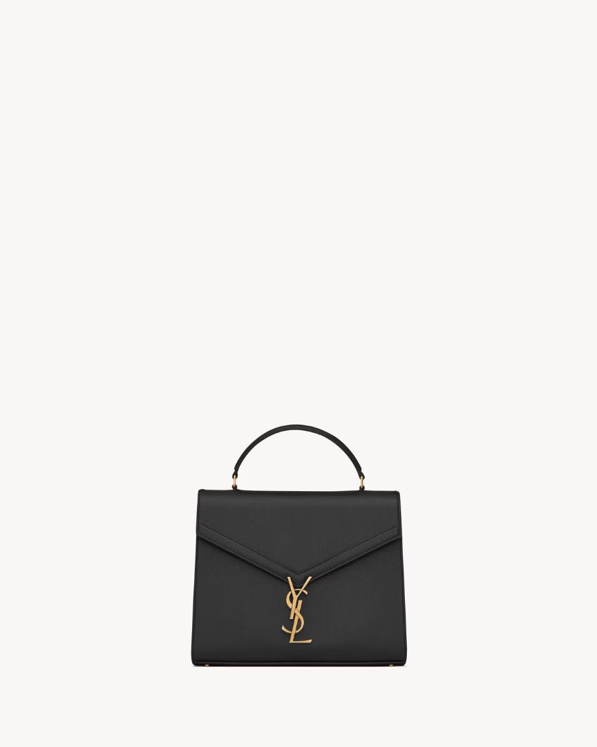 Black Saint Laurent Cassandra medium top handle bag in grain de poudre embossed leather, M