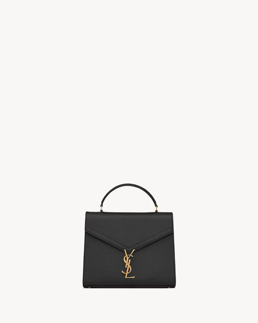 Black Saint Laurent Cassandra medium top handle bag in grain de poudre embossed leather, M