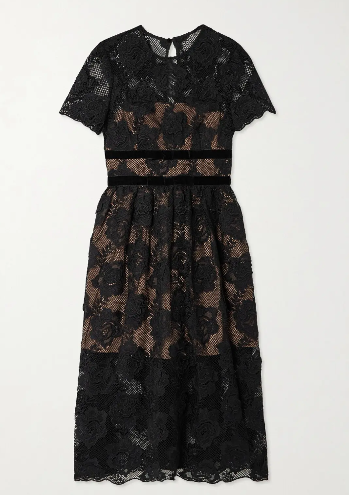 SELF-PORTRAIT  belted velvet-trimmed corded lace midi dress