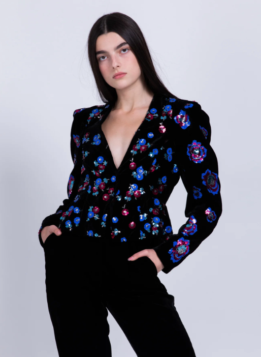 SABINA MUSAYEV NWT Velvet Ellery Jacket with Shoulder Pads and Sequin Detailing and Pants set