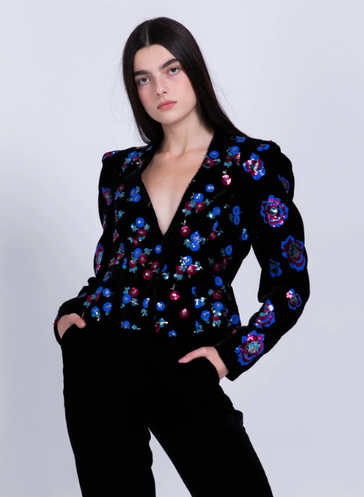 SABINA MUSAYEV Velvet Ellery Jacket with Shoulder Pads and Sequin Detailing and Pants set
