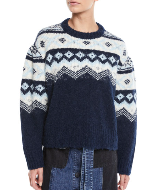 SEA NEW YORK fair isle shirred-sleeves intarsia crewneck blue