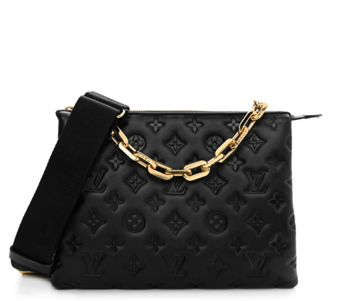 LOUIS VUITTON black lambskin embossed monogram coussin bag