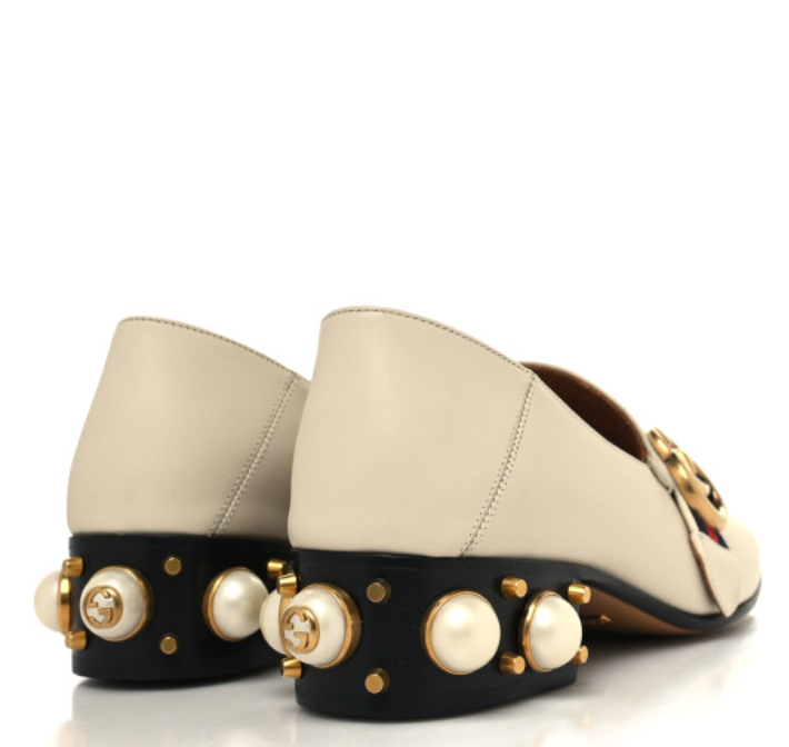 GUCCI BETIS GLAMOUR LOAFERS IN WHITE W/ PEARL HEEL (W/ BOX)
