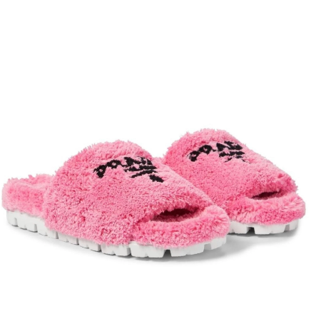 Pre-Loved PRADA Logo faux shearling slides