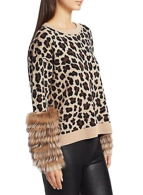 ALICE AND OLIVIA leopard print sweater with fur sleeves