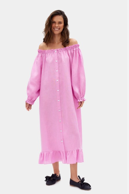 SLEEPER PINK LINEN BUTTON-UP DRESS