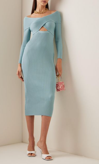 SELF-PORTRAIT NWT ribbed knit crossover midi dress