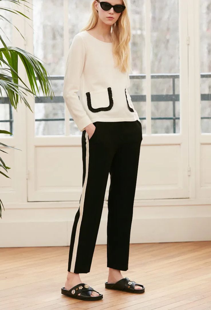 CLAUDIE PIERLOT cream knit with black ruffle pockets
