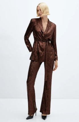 MANGO brown blazer, pants, belt sequin set