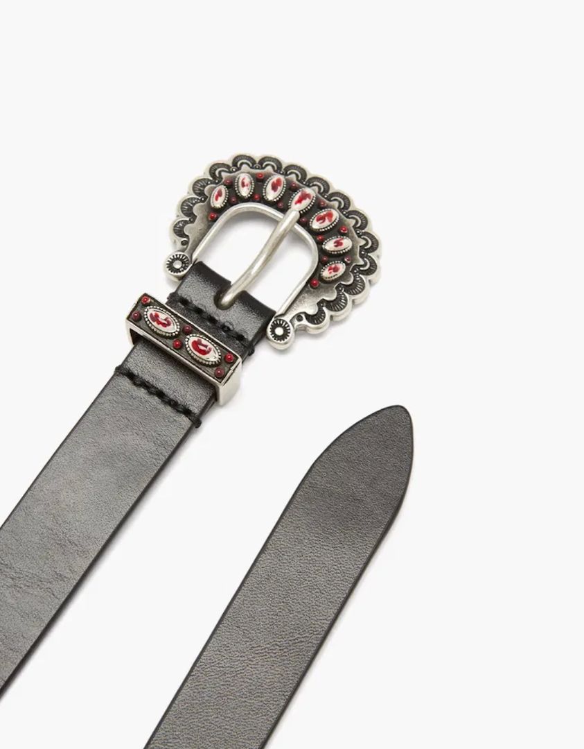 Isabel Marant black leather belt with silver buckle and pink enamel, with bag