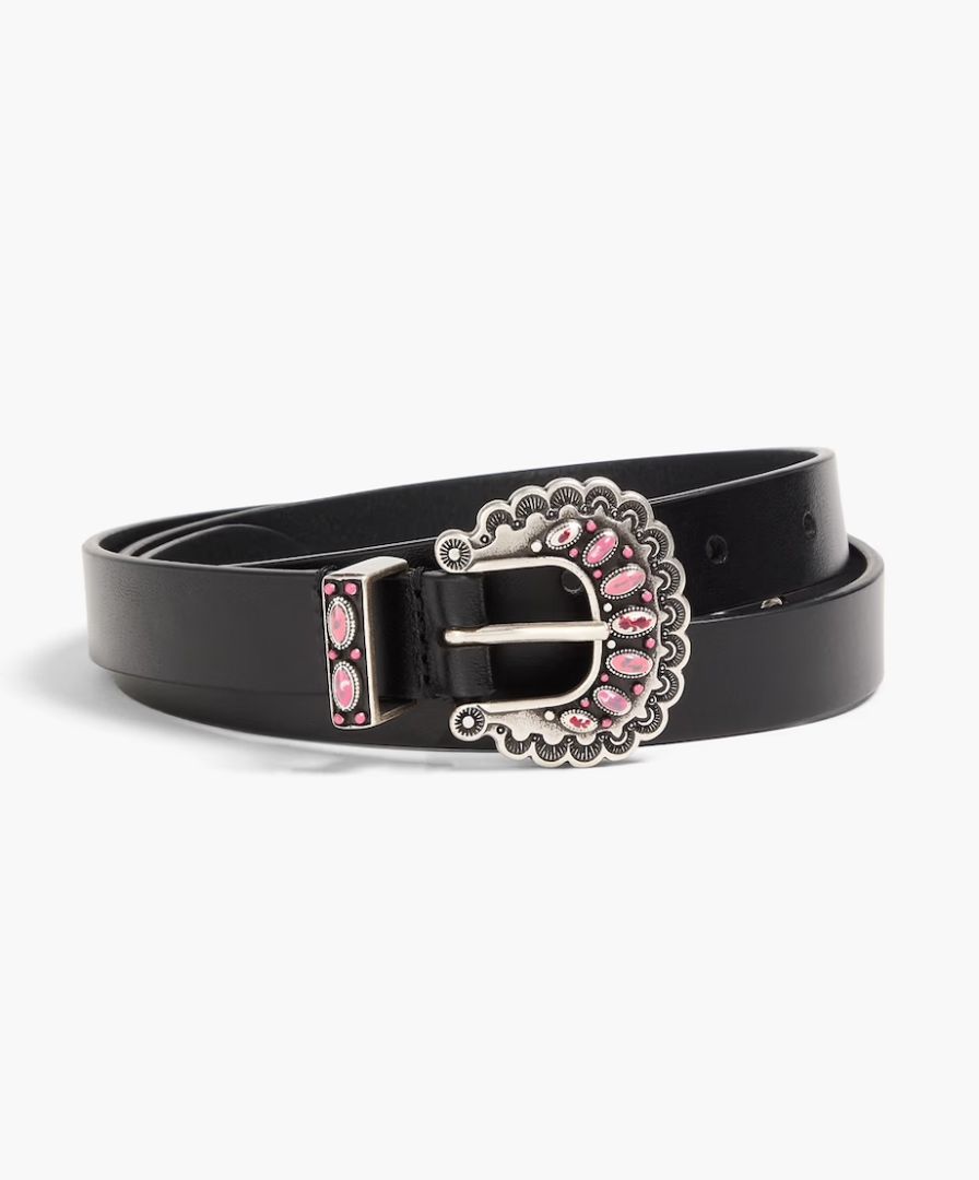 Isabel Marant black leather belt with silver buckle and pink enamel, with bag