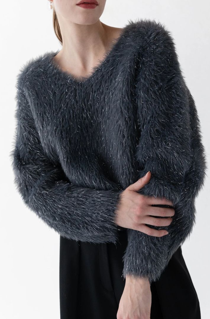 Oak + Fort grey fuzzy sweater with silver tinsel