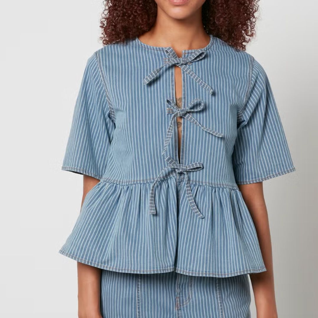 GANNI denim with white stripes peplum tie blouse