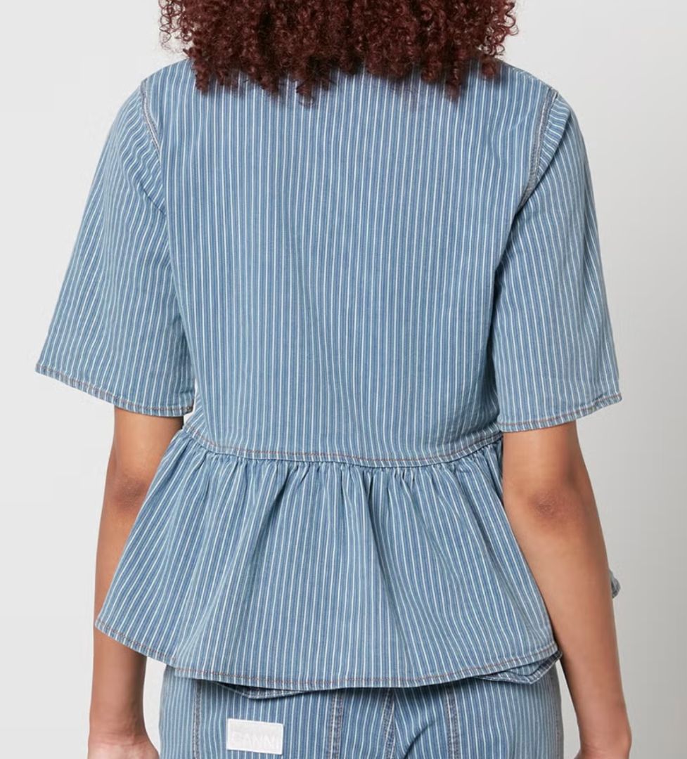 GANNI denim with white stripes peplum tie blouse