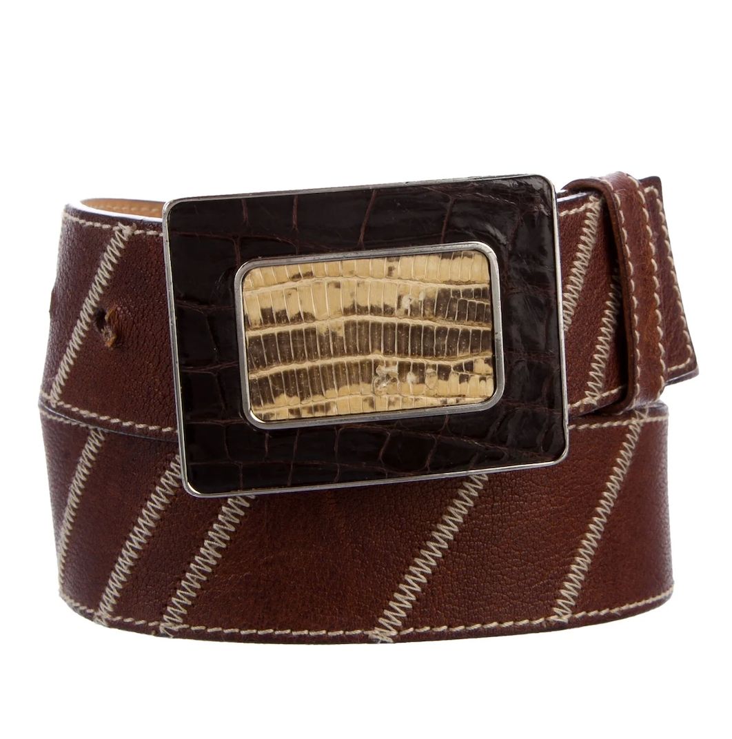 PRADA brown leather belt with snakeskin buckle, 75-30