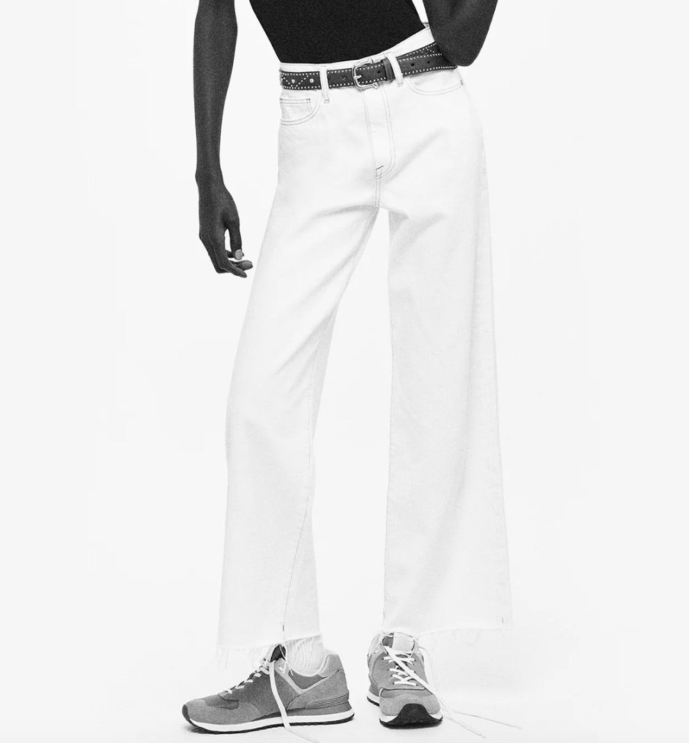 FRAME white jeans, "Le Jane wide leg crop" denim, frayed bottom