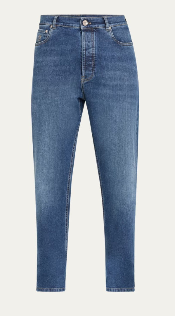 Brunello Cucinelli Blue Denim Skinny Fit Jeans with Button Fly