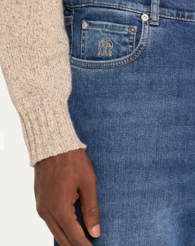 Brunello Cucinelli Blue Denim Skinny Fit Jeans with Button Fly