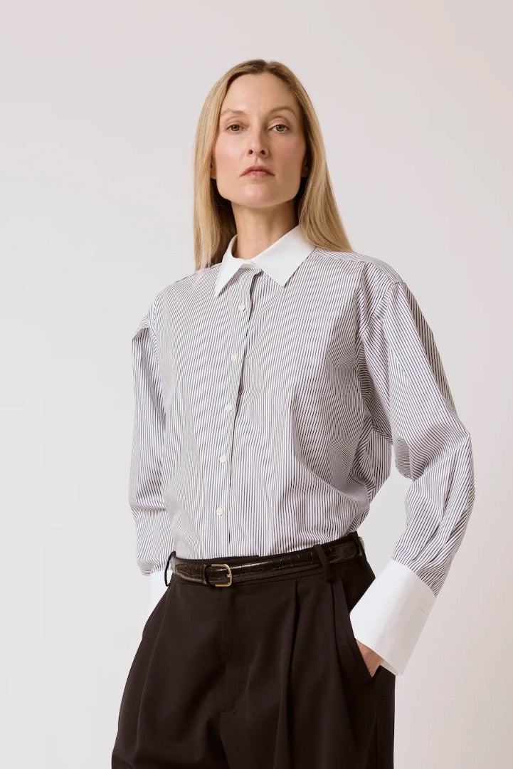 TLINE blue stripe collared button up top