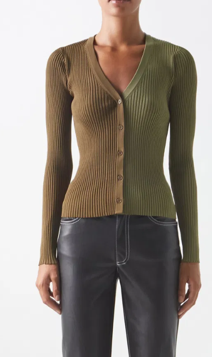 STAUD Cargo Two-Tone Ribbed-Knit Cardigan