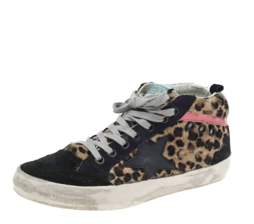 GOLDEN GOOSE Mid Star Sneakers, Black with Brown Leopard Print Ponyhair