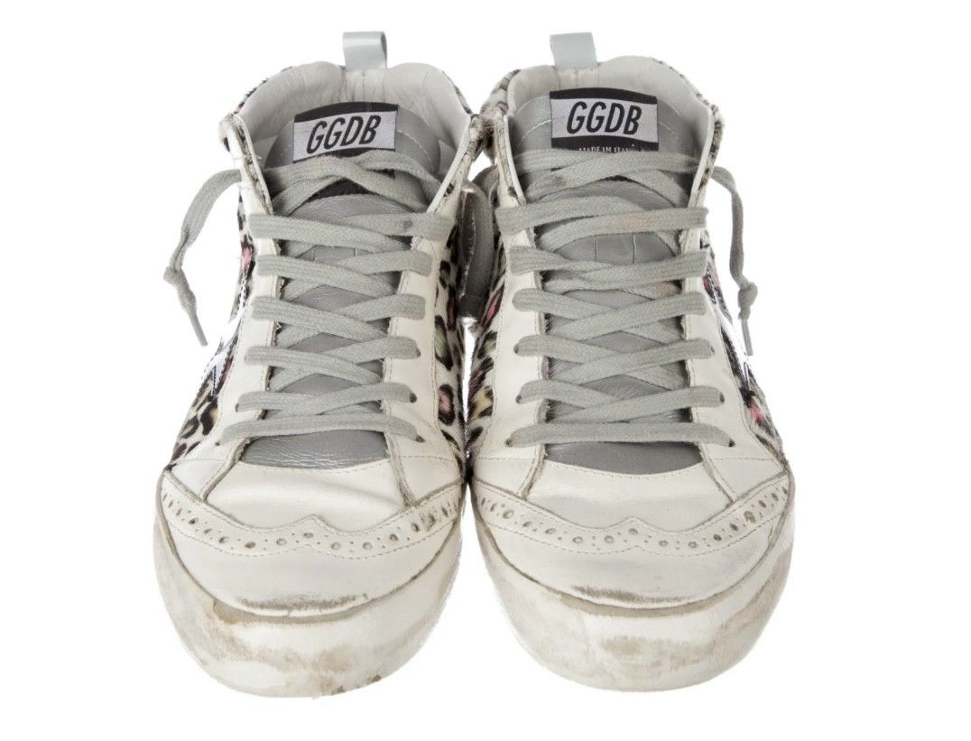 GOLDEN GOOSE Mid Star Sneakers, White with Rainbow Leopard Print Ponyhair