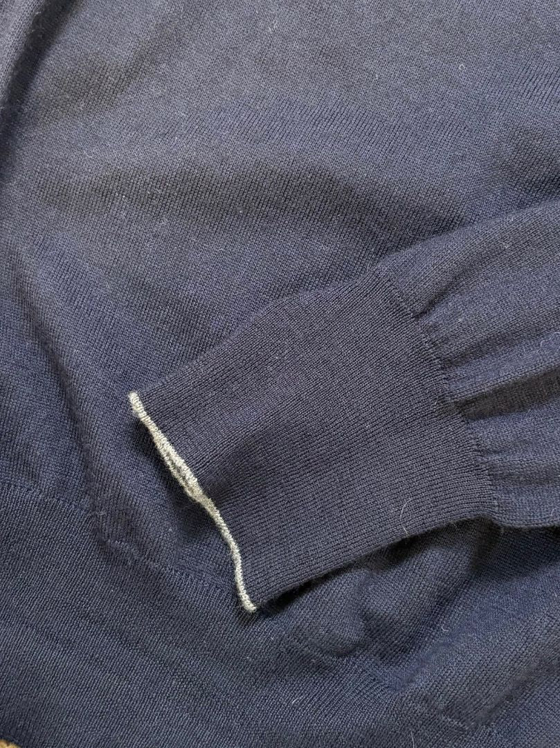 Brunello Cucinelli Navy Wool Cashmere Blend Long Sleeve with Grey Trim Sleeve