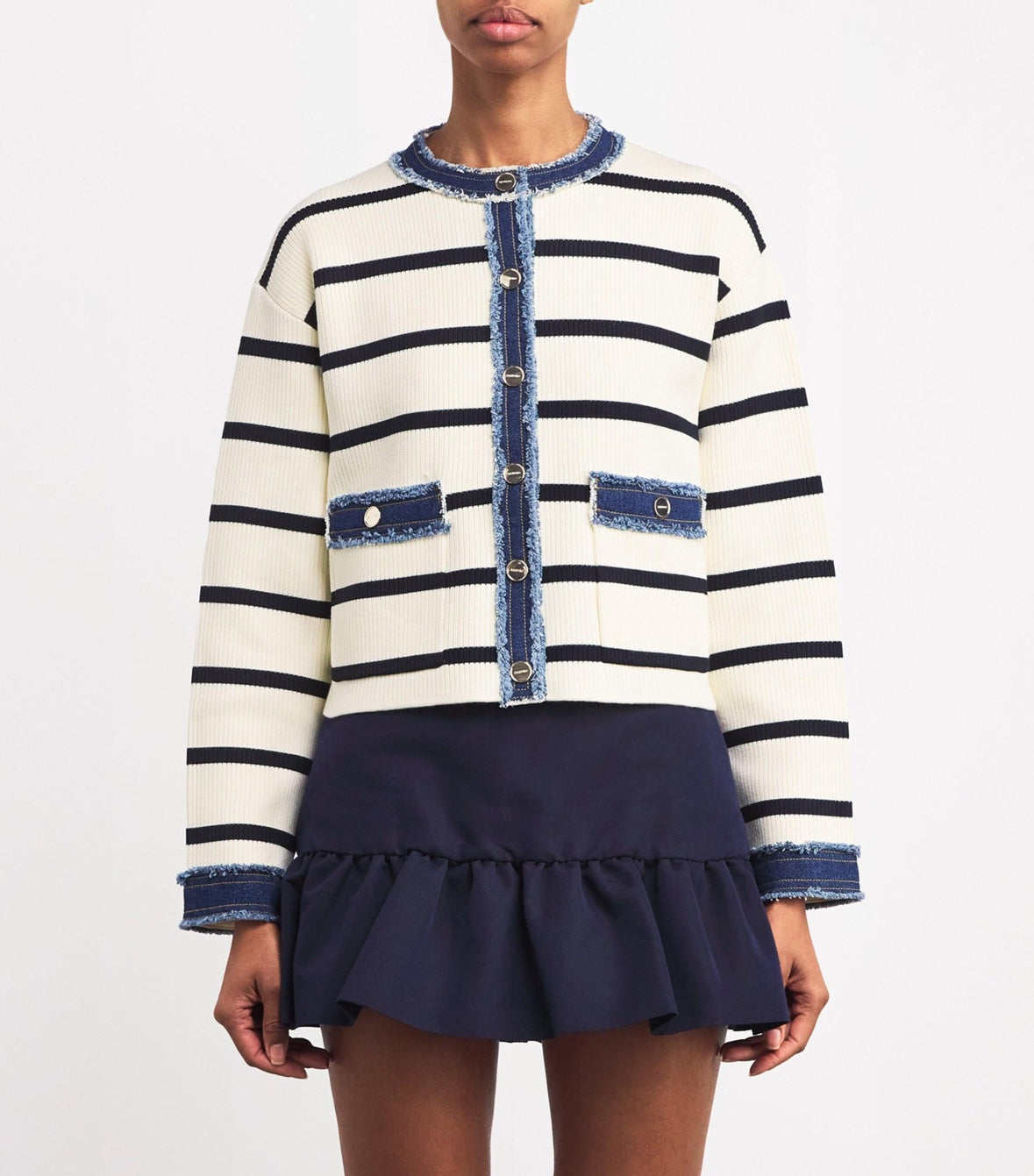 Sandro Ivory and Navy Denim Trim Striped Knit Cardigan