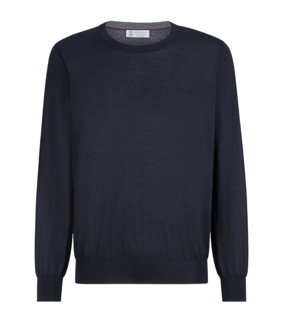 Brunello Cucinelli Navy Wool Cashmere Blend Long Sleeve with Grey Trim Sleeve