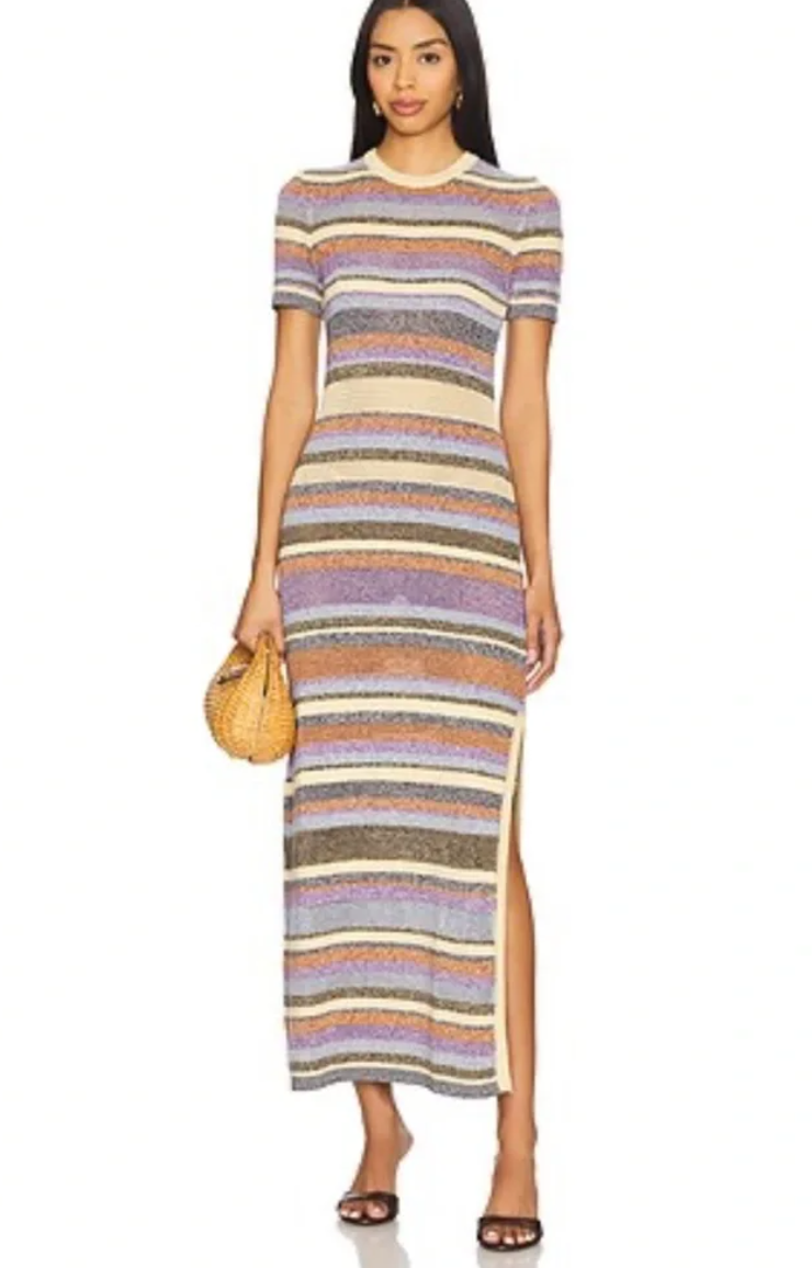 BA&SH Tonnie Multicolor Striped Knit Maxi Dress Short Sleeve Side Slit Dress