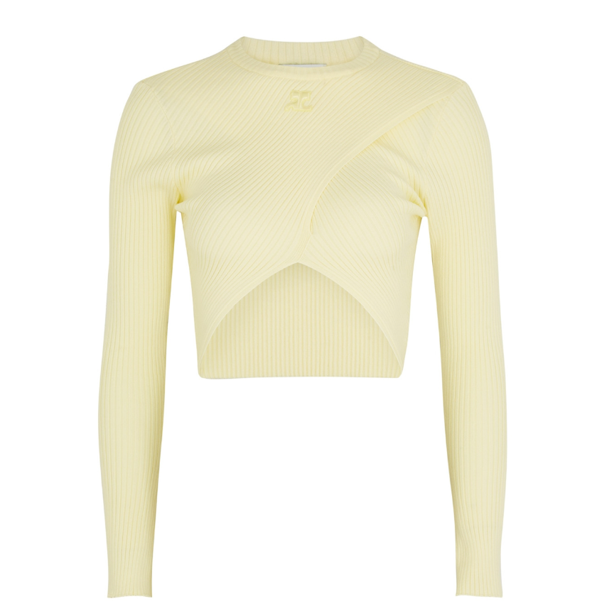 COURRÈGES Yellow cropped ribbed-knit top