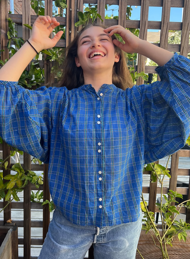 DÔEN  Plaid Cropped Peasant Blouse