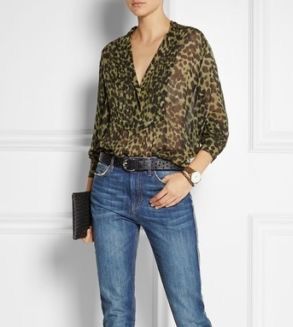 ISABEL MARANT ETOILE green leopard pring half button sheer top